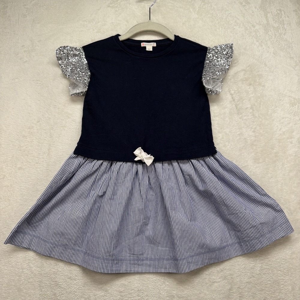 Crewcuts Dress Girls Size 5 Navy Stripe Flutter Sleeve Fit Flare Bow